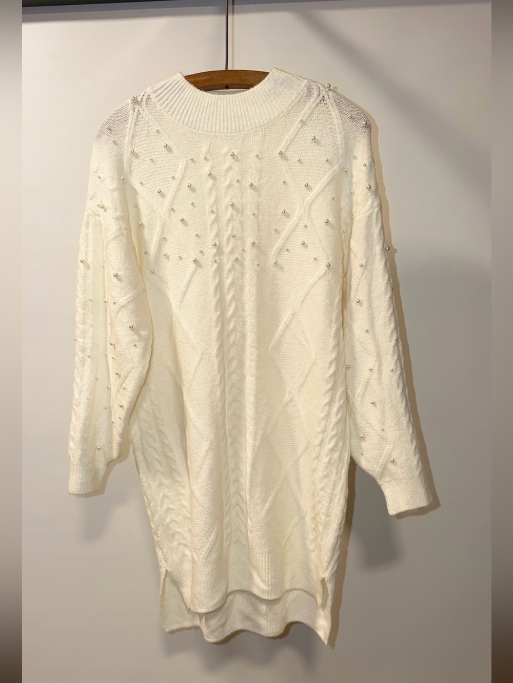 Francesca's Collections Ivory Pearl-Studded Cable Knit Crewneck Sweater